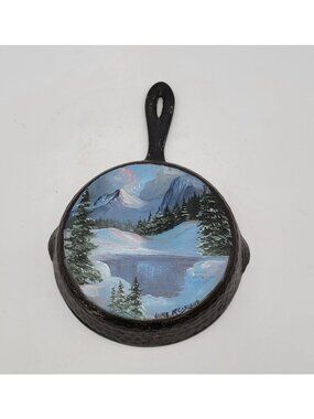 Hand-Painted Vintage Cast Iron Skillet With Winter Scene By June McCasland